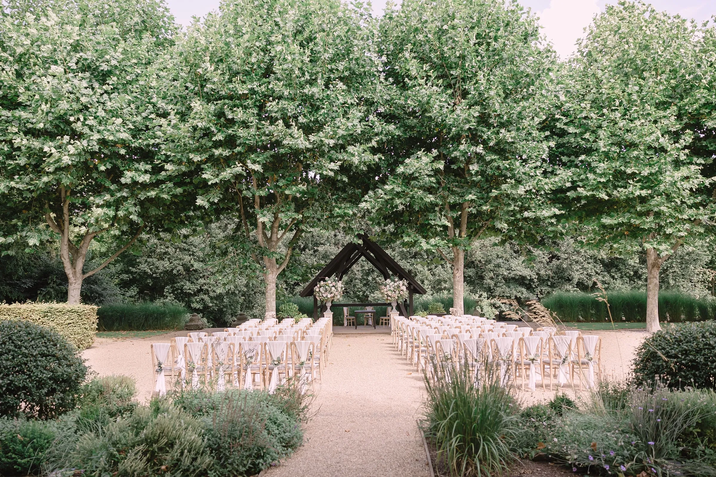 Outdoor ceremony set up under pleached plane trees, white chairs facing the oak shelter