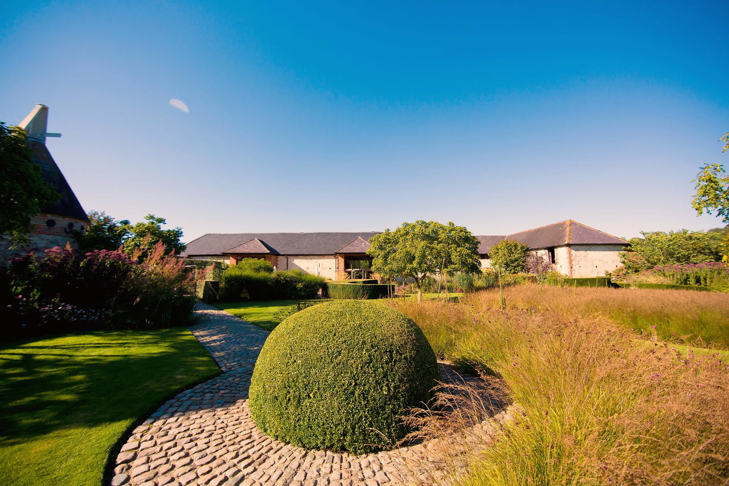 Clipped box dome and curving cobbled path through summer grasses, with the barns under a clear blue sky